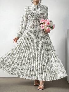 Modelyn Plus Size Elegant Floral Allover Print Long Sleeve Dress With Cinched Waist For Autumn For New Year Maxi Women Outfit Date Night Tea Party - Apricot - View 8