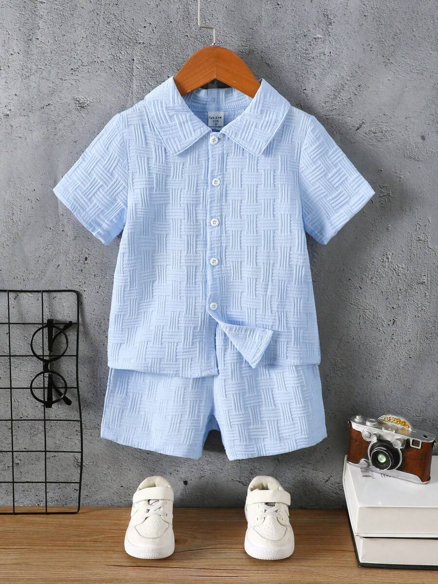 SHEIN Casuvi Kids 夏季少年 Masson 纯色质感 翻领衬衫套装短裤 - 藍色 - 查看 1