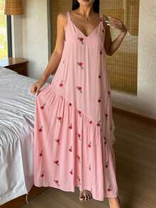DAZY Floral Print Sleeveless Dress, Vacation Style Summer Nightgown For Women Pajamas - Pink - View 6