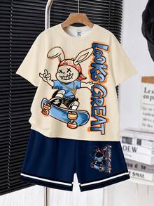 SHEIN Conjunto de 2 peças para menino, casual, com estampa de urso de desenho animado e urso mecânico futurista, camiseta de manga curta com gola redonda e shorts. Ideal para o verão. - Multicolorido - Ver 3