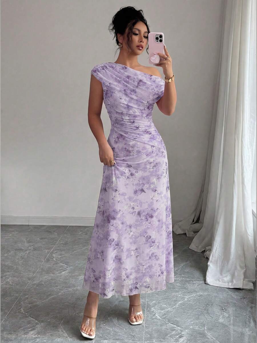 Modelyn 花卉蝴蝶印花网纱不对称荷叶边浪漫夏季优雅中长连衣裙 - 淡紫色 - 查看 1