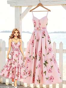 SHEIN Franclia 女士夏季连衣裙，吊带V领印花连衣裙，粉色连衣裙配金色方形金属扣腰带，吊带V领长款连衣裙，度假风连衣裙，通勤休闲连衣裙，夏季假日装扮，情人节装扮，派对连衣裙，婚纱，毕业礼服，夏季度假装扮，户外装扮，时尚休闲通勤连衣裙，百搭时尚日常休闲装 - 粉色 - 查看 1