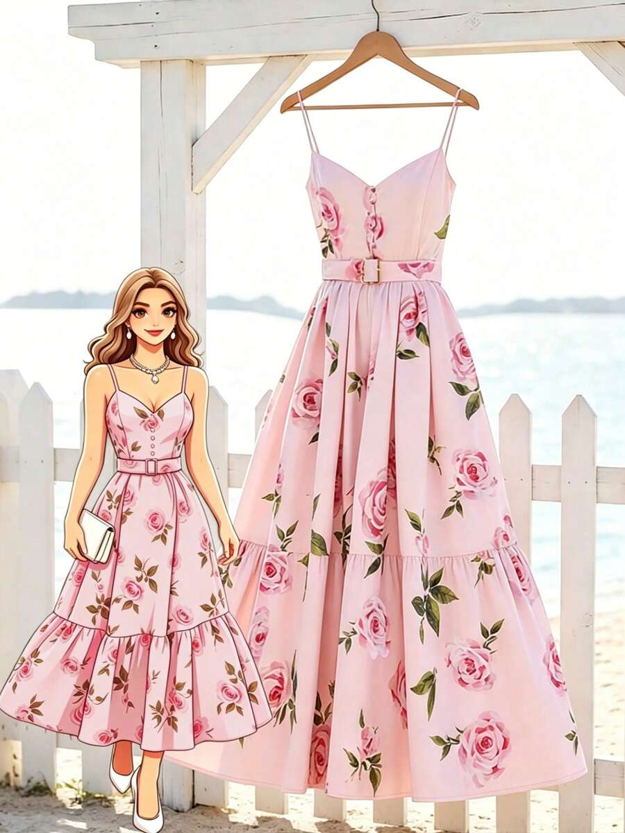 SHEIN Franclia 女士夏季连衣裙,吊带V领印花连衣裙,粉色连衣裙配金色方形金属扣腰带,吊带V领长款连衣裙,度假风连衣裙,通勤休闲连衣裙,夏季假日装扮,情人节装扮,派对连衣裙,婚纱,毕业礼服,夏季度假装扮,户外装扮,时尚休闲通勤连衣裙,百搭时尚日常休闲装 - 粉色 - 查看 1