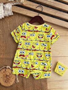 SpongeBob SquarePants | SHEIN Baby Girl Versatile Round Neck Short Sleeve Romper - Yellow - View 2