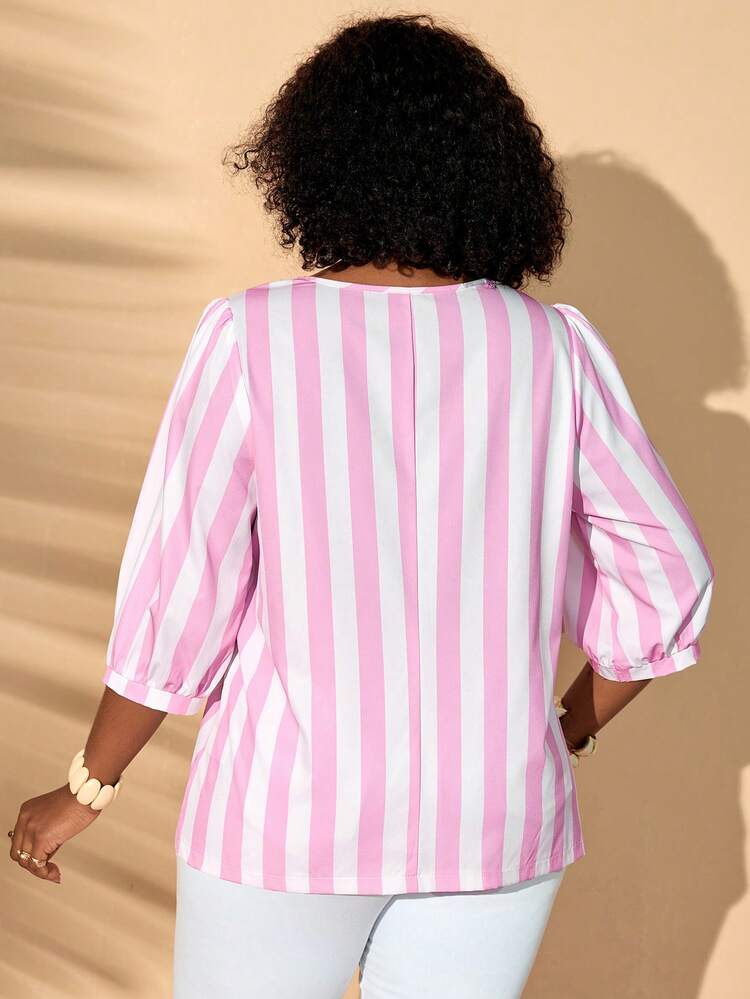 Plus Size Women Striped Contrast Color Round Neck Fashionable Versatile Blouse