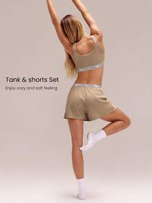 GLOWMODE Ribbed Cotton Blend Non-Padded Sports Bra & Shorts Set With Elastic Logo Waistband Summer Casual Lounge Wear - Brown - View 2