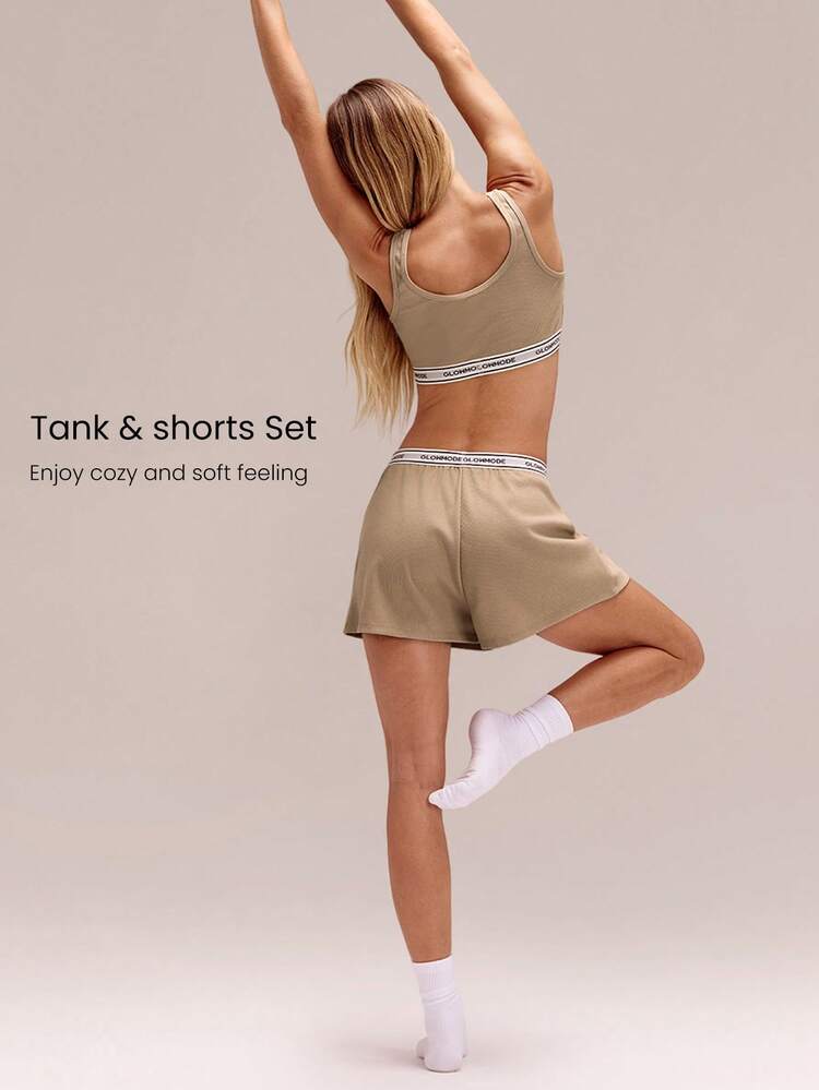 Ribbed Cotton Blend Non-Padded Sports Bra & Shorts Set With Elastic Logo Waistband Summer Casual Lounge Wear