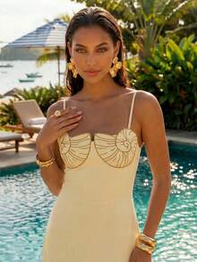 CAJUNI Summer Vacation Embroidery Shell Butter Yellow Long Dress - Butter Yellow - View 1