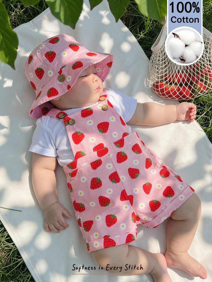 Cozy Pixies Bộ áo liền quần họa tiết trái cây và hoa hoạt hình dễ thương, thoải mái cho bé gái, thích hợp mặc mùa hè. - Nhiều màu - Xem 1