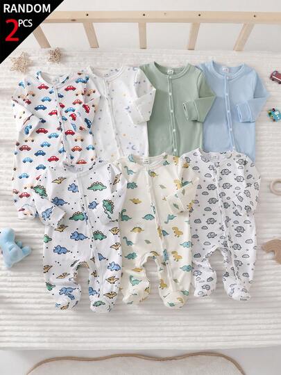 [Ngẫu nhiên 2 chiếc/7 chiếc] Bộ áo liền quần cho trẻ sơ sinh, áo liền quần dài tay cài khuy cho bé trai/bé gái, họa tiết khủng long, voi, ô tô, hoạt hình, mềm mại và thân thiện với da, thích hợp mặc ở nhà hoặc ngoài trời, mọi mùa.