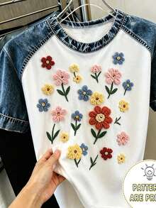 Camiseta casual y de moda para mujer con efecto de parche de mezclilla, estampado a rayas y de cerezas digitales, cuello redondo - Rosa 3 - Ver 4