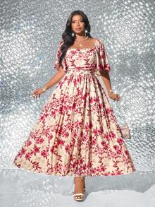 Viva Relle Vestido elegante de talla grande con estampado floral - Beis - Ver 4