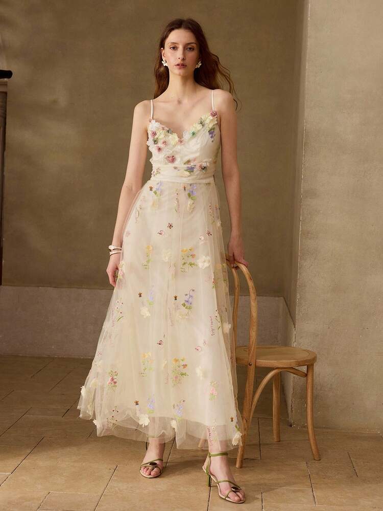 ELEGANT 3D FLORAL MESH LONG DRESS FOR WOMEN