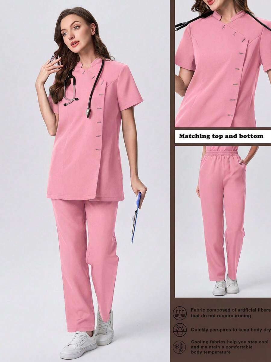 Scrubzie 防皱立领短袖多扣女士工作服套装(上衣和裤子) - 粉色 - 查看 1