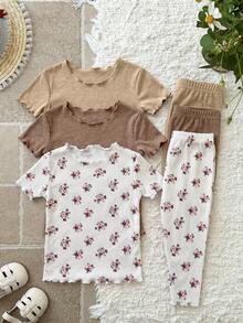 LMoss Kids 6件套女婴可爱休闲碎花弹力针织连体衣套装 - 卡其色 - 查看 4