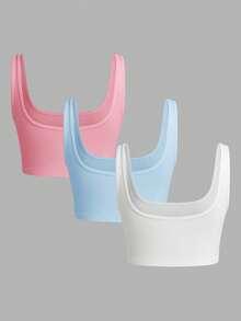 SHEIN BASICS 3件組女款休閒純色針織修身短版背心上衣 - 彩色 - 查看 2