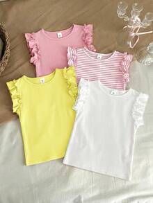 LMoss Kids 4pcs/Set Young Girl Casual Solid Color T-Shirts - Multicolor - View 5