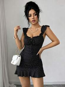 Elegante y sexy vestido ajustado con estampado floral francés y volantes en el bajo, adecuado para citas, vacaciones y uso diario - Negro - Ver 6