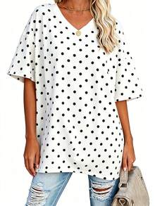EMERY ROSE Plus Size Spring Polka Dot Short Sleeve Casual V-Neck T-Shirt, Summer Top - Multicolor - View 3