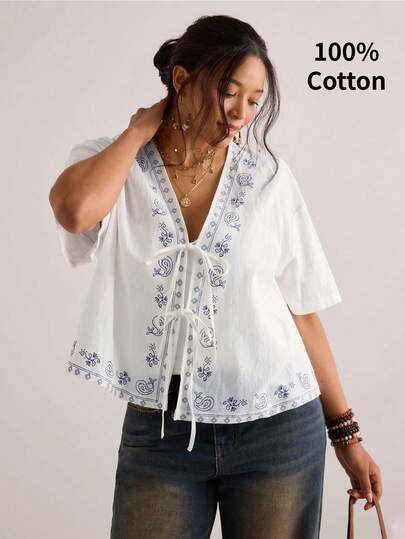 Freevana Plus Size Women's Open Front Tie Bow Floral Print Short Sleeve Loose Elegant Casual, Work, Vacation Blouse Shirt, Spring/Summer Pure Cotton White Top With Blue Print And Paisley Pattern, Suitable For Spring/Summer Women's Clothing And Vacation Outfits.