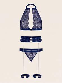 SHEIN 女士性感薄纱花卉蕾丝露背吊带内衣套装 - 藏蓝色 - 查看 6