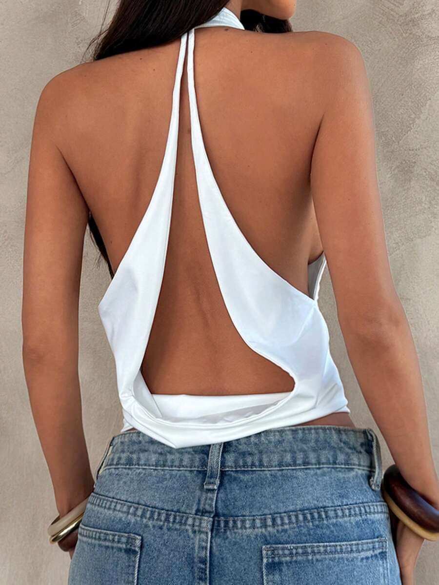 Aloruh Áo croptop trắng trơn hở lưng khoét cổ tròn gợi cảm dành cho nữ, thích hợp cho mùa hè. - trắng - Xem 1