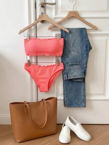 Resyla Summer Beach Frill Trim Bandeau Bikini Set Vacation - Coral Orange - View 2