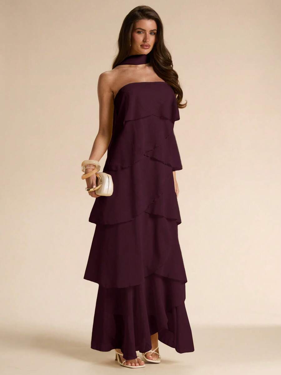 SHEIN BAE Dark Purple Layered Ruffle Hem Dress,Flowy Elegant Dress Suitable For Autumn Party Night,Vacation,Bridesmaid,Wedding,Spring/Summer Wear,Formal Gown - Purple - View 1