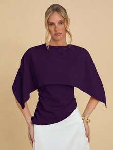 COSMINA Women's Summer Fashionable Solid Color Batwing Sleeve Fitted Blouse - Purple - View 4