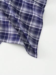 SHEIN MOD 女士休闲拼接格子不对称下摆牛仔裙裤 - 藍色 - 查看 5