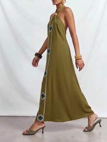 Zivah Đầm đi biển thanh lịch phong cách Bohemian mới năm 2026, chất liệu vải lanh mềm mại, điểm nhấn là phụ kiện kim loại, chi tiết buộc dây, họa tiết in màu xanh lá cây, đầm buộc dây, đầm đi biển thanh lịch phong cách Bohemian, đầm đi biển thoải mái, đầm nữ. - màu xanh lá - Xem 1