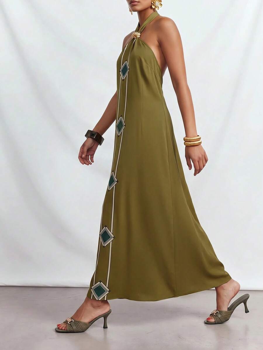 Zivah Đầm đi biển thanh lịch phong cách Bohemian mới năm 2026, chất liệu vải lanh mềm mại, điểm nhấn là phụ kiện kim loại, chi tiết buộc dây, họa tiết in màu xanh lá cây, đầm buộc dây, đầm đi biển thanh lịch phong cách Bohemian, đầm đi biển thoải mái, đầm nữ. - màu xanh lá - Xem 1