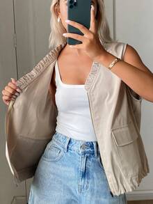 DAZY Women's Solid Color V-Neck Zipper Pocket Sleeveless Regular Jacket Everyday Beige Summer Casual - Khaki - View 6