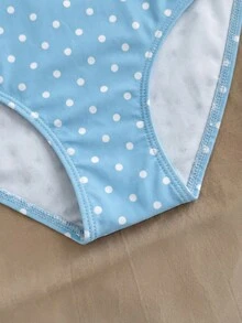 SHEIN 少女波点露背褶皱连体泳衣，适合海滩度假、泳池派对、沙滩派对 - 藍色 - 查看 6