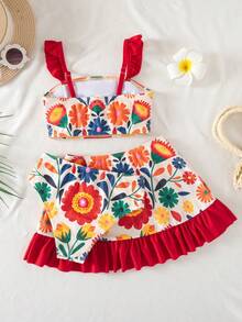 SHEIN Bộ đồ bơi in hoa cho bé gái gồm áo khoác ngoài và váy, thích hợp cho kỳ nghỉ biển. - Nhiều màu - Xem 4