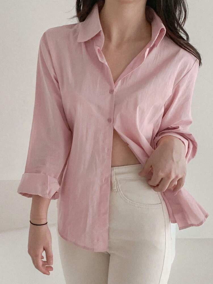 Casual Basic Collared Long Sleeve Shirt, For Teenage Girls