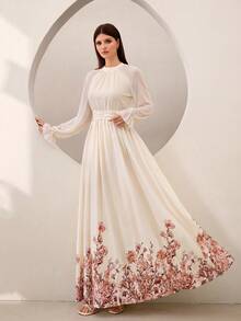 Graceveil Đầm dài thanh lịch màu mơ, phối lưới, in họa tiết, xếp ly ở eo, thích hợp cho tiệc tối. - Màu be - Xem 5