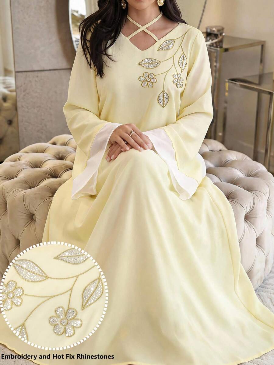 Yasmyna 女士水钻花卉图案休闲宽松派对连衣裙 - 黃色 - 查看 1