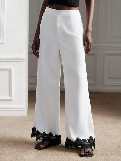 Aveloria Rosie White Solid Color Straight Leg Pants With Black Contrast Color Lace Trim At Hem, Elegant Sophisticated Romantic Vintage Casual Versatile, Spring/Summer