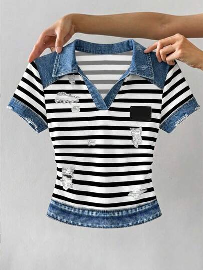 Divinelle Tricou polo pentru femei, stil minimalist casual, albastru, contrastant, cu efect mecanic fals, cu dungi, imprimare, potrivit pentru primăvară și vară