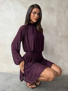 Aloruh Women's Sexy Elegant Halter Waist Ruched Ruffle Hem Long Sleeve Mini Dress - Purple - View 6