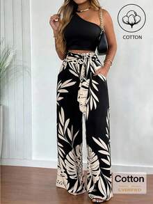 EMERY ROSE 2pcs/Set Women Fitted One Shoulder Top (With Belt) And Straight Leg Printed Pants Set - Black - View 2