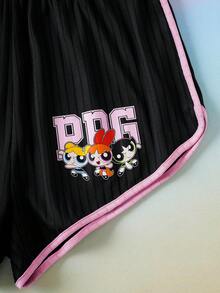 THE POWERPUFF GIRLS X SHEIN 女士卡通印花短袖T恤和短裤睡衣套装 - - 黑色 - 查看 7