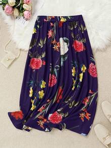 EMERY ROSE Plus Size Floral Print Elastic Waist Casual 90s Skirt Summer Tea Party Purple - Red Violet - View 2