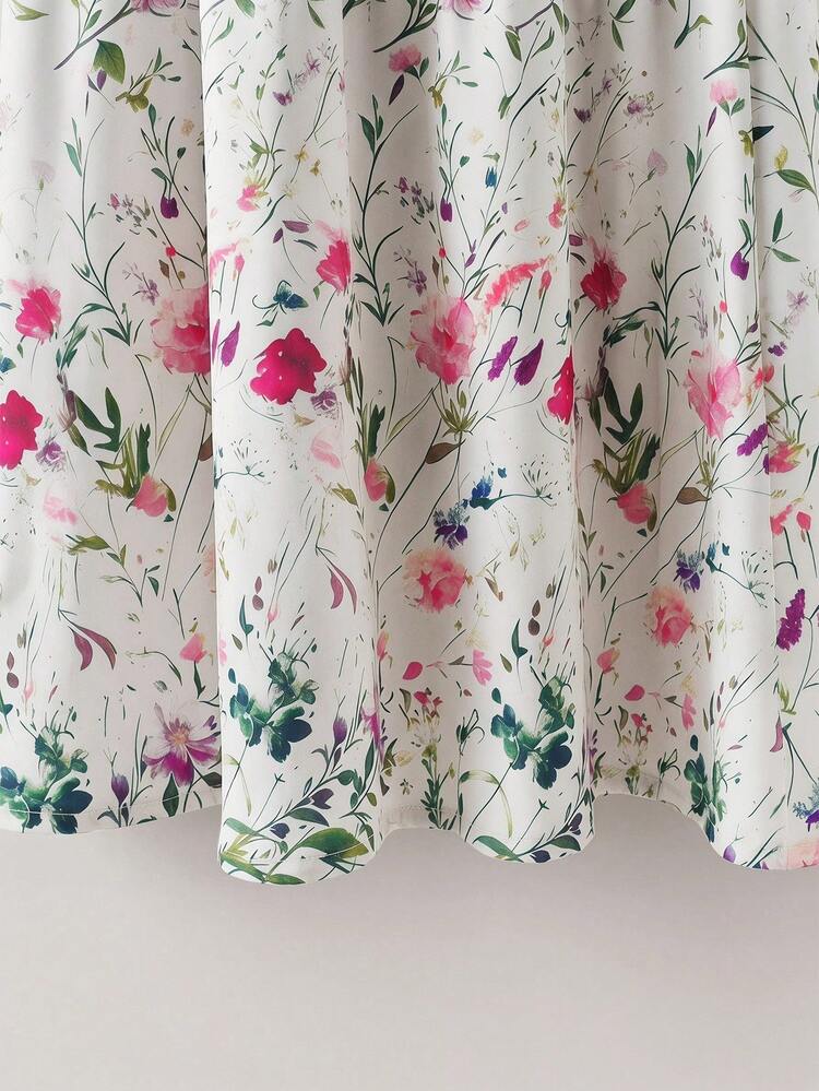 Plus Size Women's Solid Color Pleated Round Neck Blouse And Floral Print Maxi Skirt 2-Piece Set,Summer Outfits For Women ,Going Out Outfits,Vacation Outfits Women,Summer Holiday Outfits
