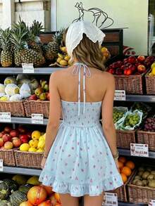Sunnyshic Ditsy Floral Pleated Cinched Waist Neck Ruffle Hem Mini Dress - Multicolor - View 2