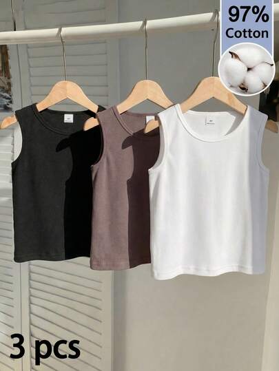 SHEIN 三件套经典色百搭休闲背心，适合春、夏、秋季穿着，舒适柔软弹力面料，非常适合外出、上学、街头穿着。