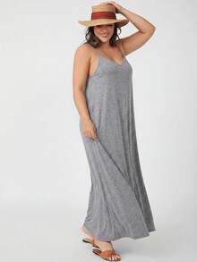 SHEIN BASICS 大码休闲纯色吊带连衣裙，夏季 - 灰色 - 查看 6