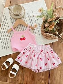 SHEIN LMoss Kids 2件套女婴针织纯色碎花图案吊带背心和短裤套装 - 粉色 - 查看 9