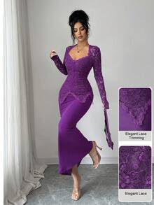 Modelyn Square Neck Lace Patchwork Button Waist Fitted Midi Dress For Women - Purple - View 3